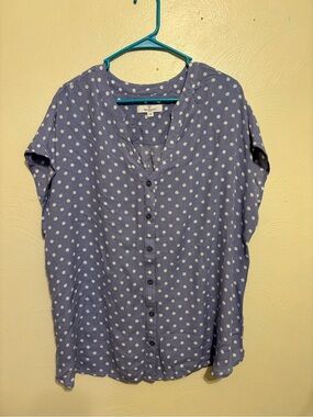 Grayson Social 1X Blue White Polka Dot Rayon Blouse Plus Size Button Front Top